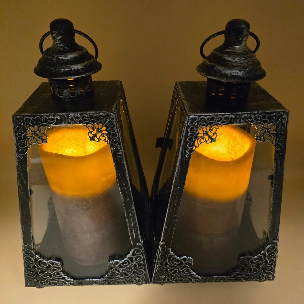 Set‎ of 2 Distressed Black Metal Lanterns with LED Flickering Pillar Candles